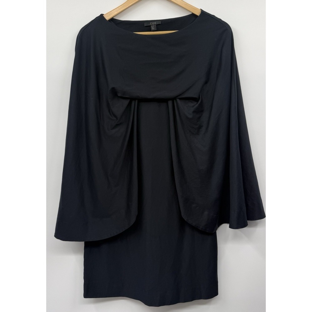 COS Women's Black Cotton Sateen Angel Cape Sleeve Smock Mini Dress XS Minimalist